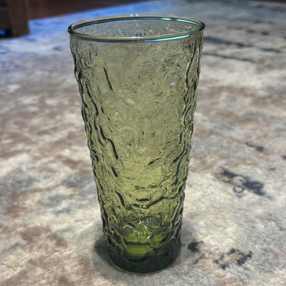 Vintage Crinkle Green Glass Water Glass- E. O. Brody Co. Cleveland Ohio 1950’s